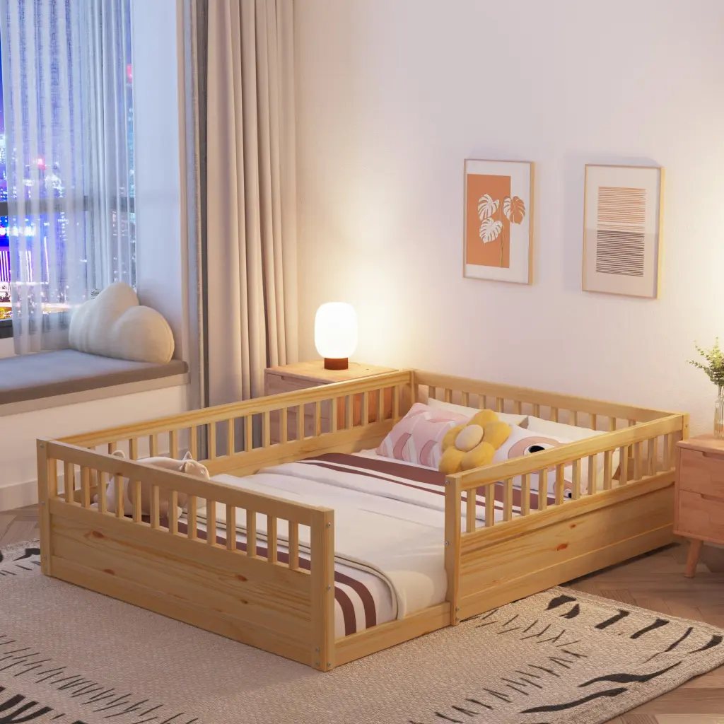 Full Size Timber Kids Floor Bed Frame Safety Fence w2593