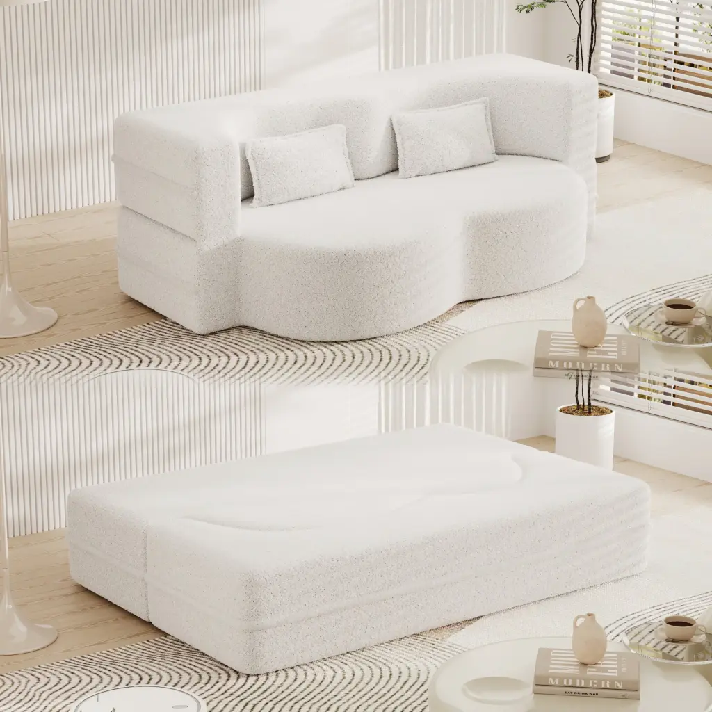 Modern Floor Sofa 2 Pillows Convertible Teddy Material Foam Filled bobby furniture