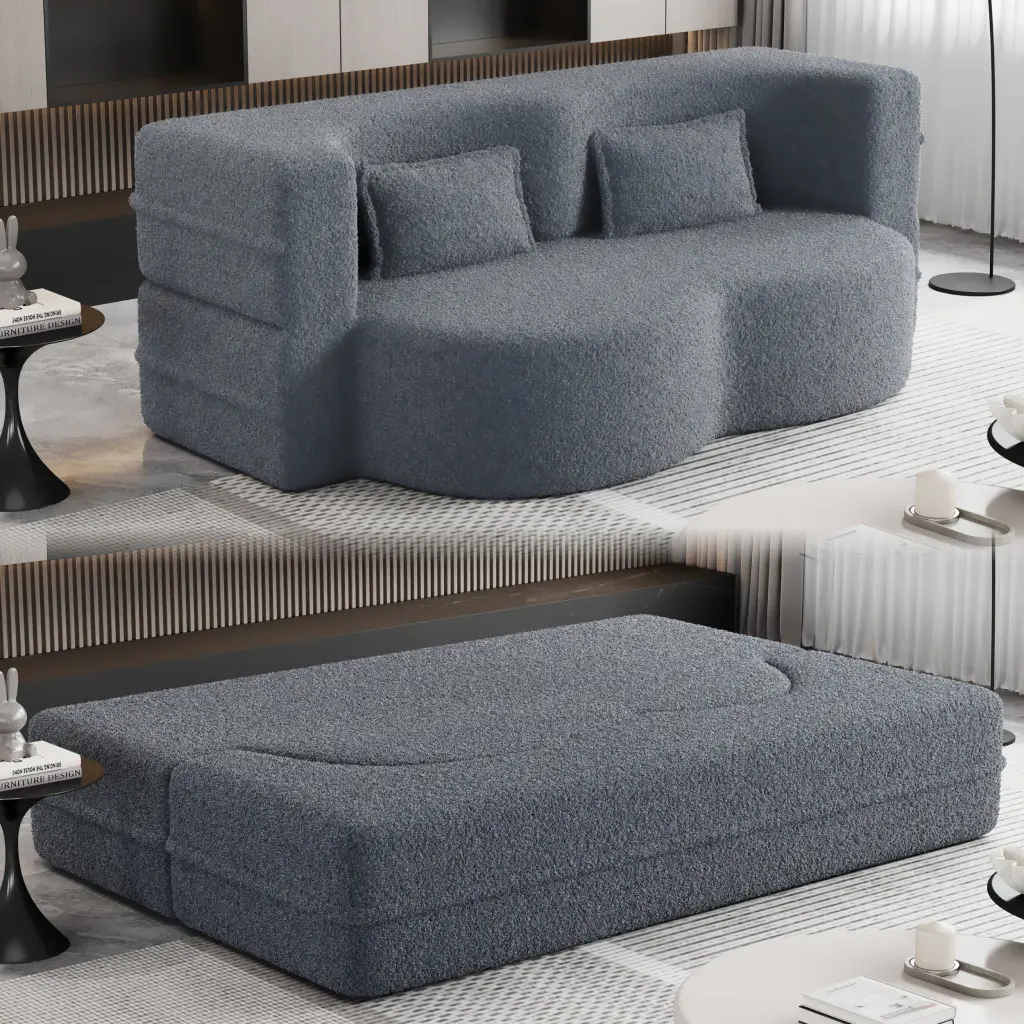 Modern Floor Sofa 2 Pillows Convertible Teddy Material Foam Filled Lounge Chair bobby furniture