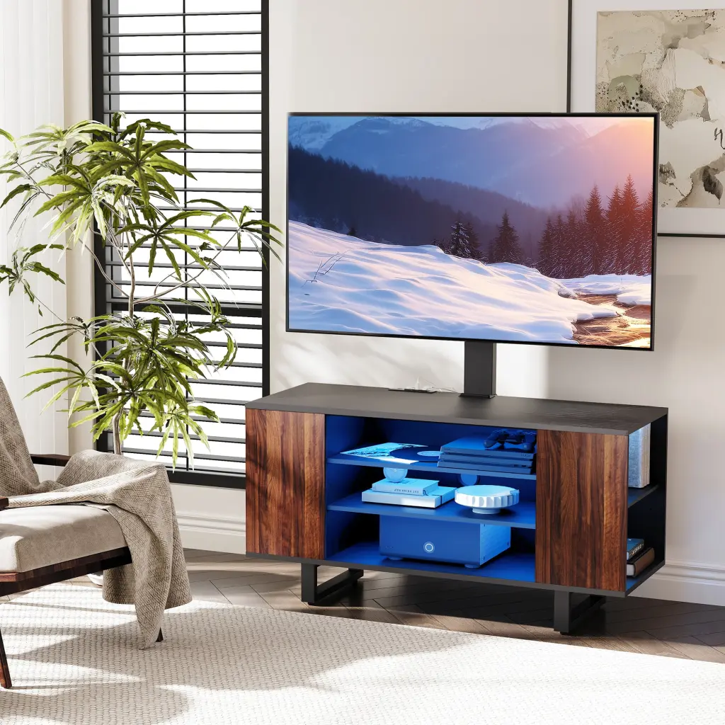 FITUEYES Floor TV Stand Mount and Power Outlet LED Lights 32-70 Inch TVs Adjustable Media Stand