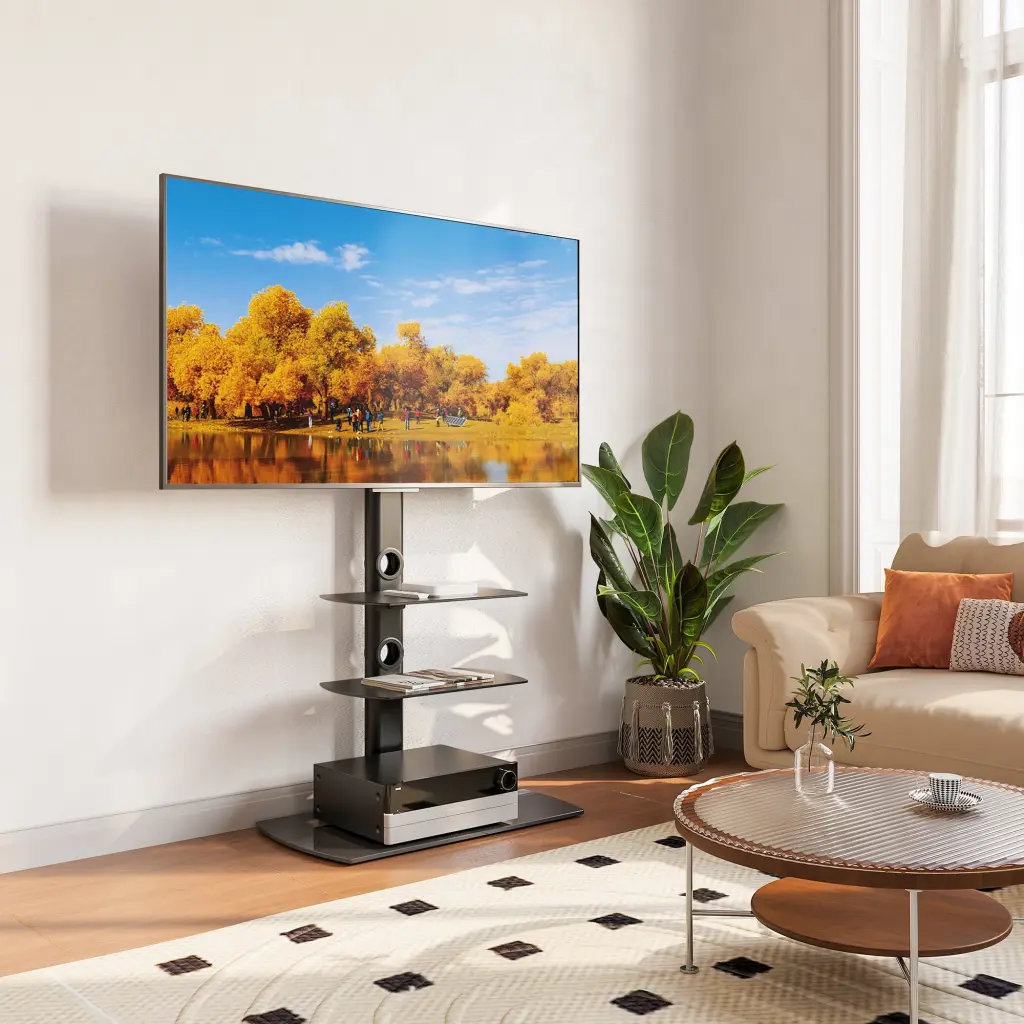 FITUEYES Floor TV Stand Swivel Mount 32-65 Inch TVs Tempered Glass Base Height Adjustable Media Console