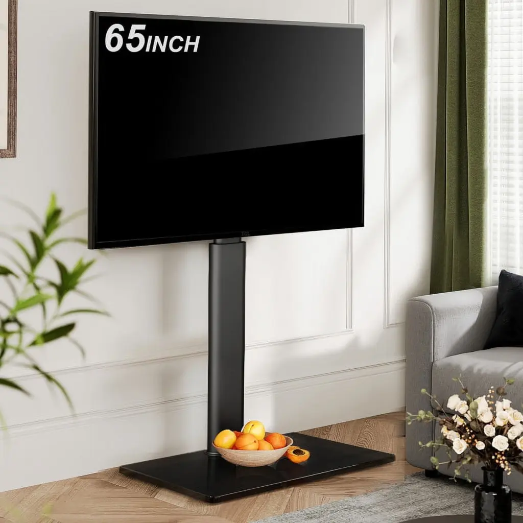 FITUEYES Tempered Glass Base Floor TV Stand 32-65 Inch TVs Height Adjustable Swivel Stand Mount Black