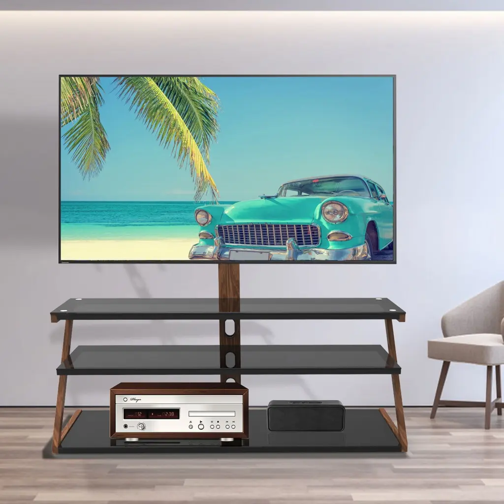 Oufan Tempered Glass Universal Swivel Floor TV Stand Heat-Transferred Printing - Walnut/Black
