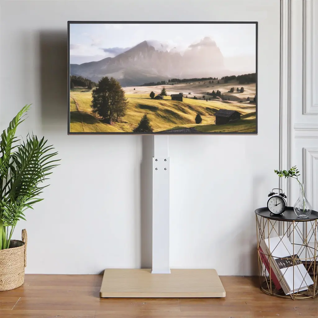 Floor TV Stand Mount Swivel 50 to 75 inch Flat TVs Wood Base White Shelf TAVR