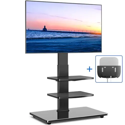 Rfiver Swivel Floor TV Stand VESA Mount 32-70 Inch Screens 3-Shelf Tempered Glass TeviRoom