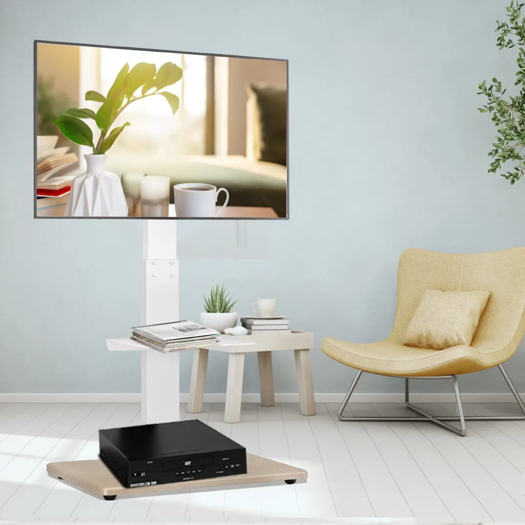 YOMT Modern White Floor TV Stand TVs up to 75 Inches Universal Swivel Mount Entertainment Center