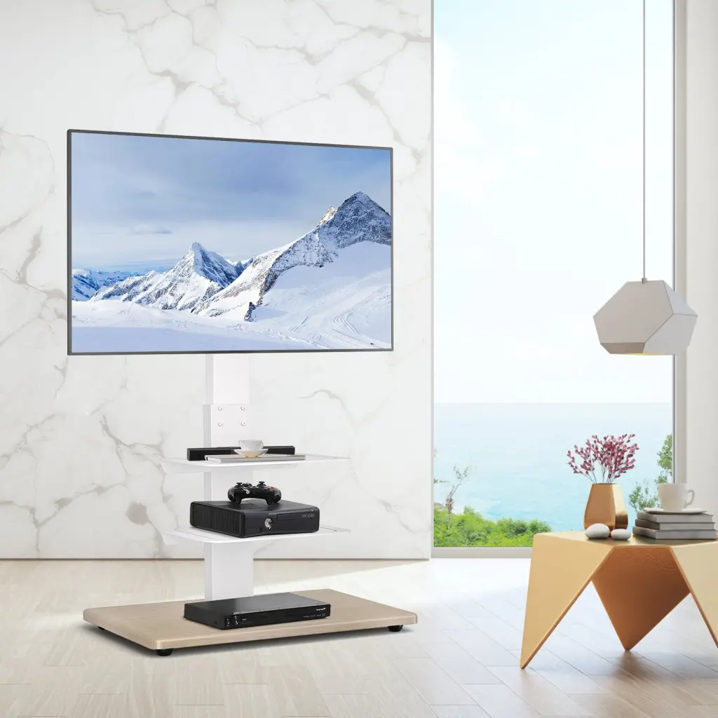 YOMT Wooden Base TV Floor Stand Swivel Mount 42-75 Inch TVs - White