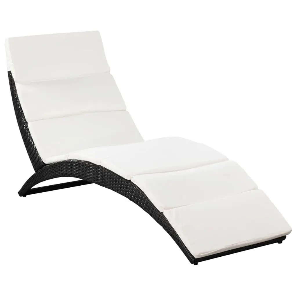 Black Poly Rattan Folding Sun Lounger Cushion Adjustable Recliner