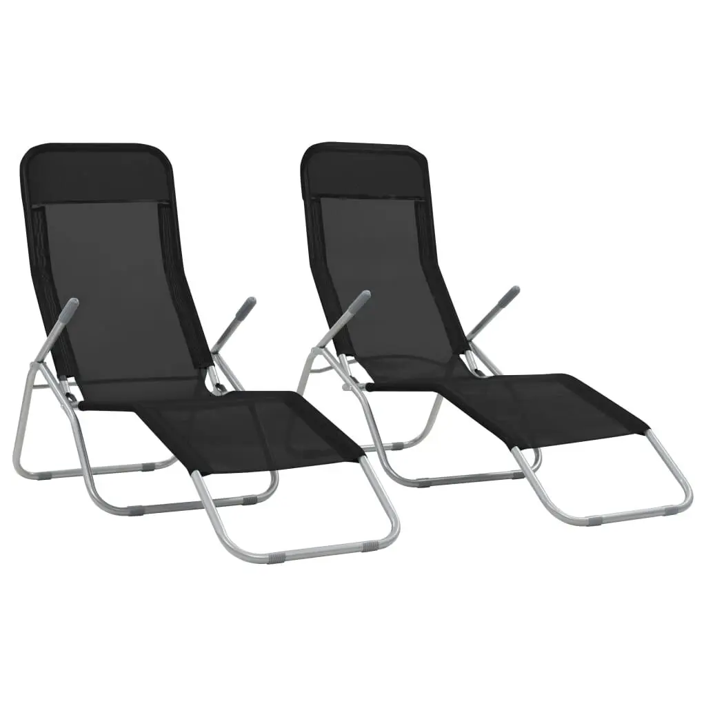 Black Textilene Folding Sun Loungers 2 Pack Portable Outdoor Reclining Chairs
