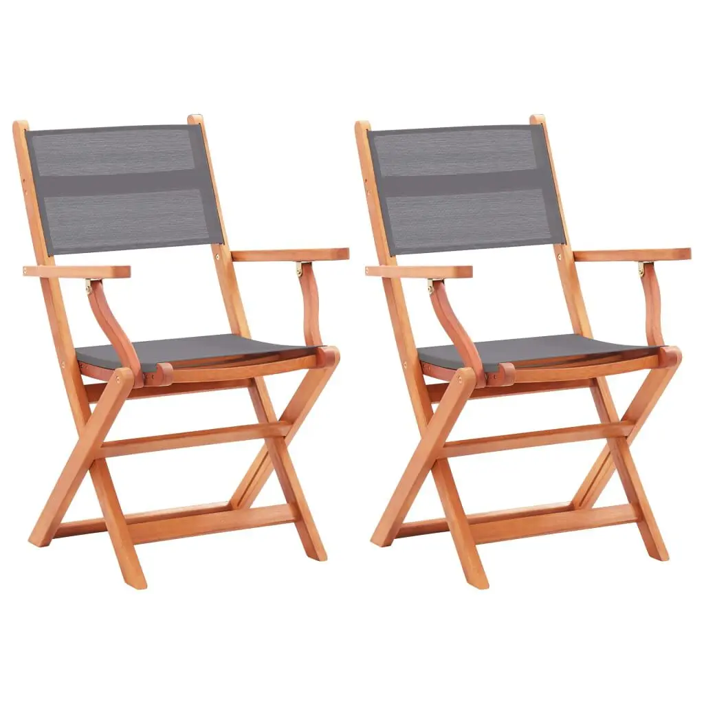 Folding Patio Chairs 2 Pack Gray Solid Wood Eucalyptus and Textilene Outdoor Seating