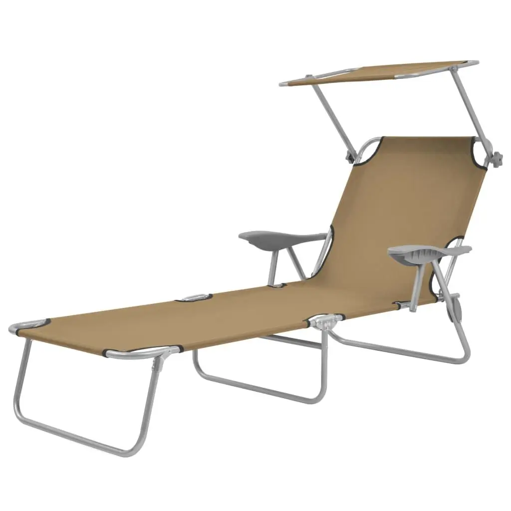 Folding Sun Lounger Canopy Steel Taupe Adjustable Outdoor Recliner