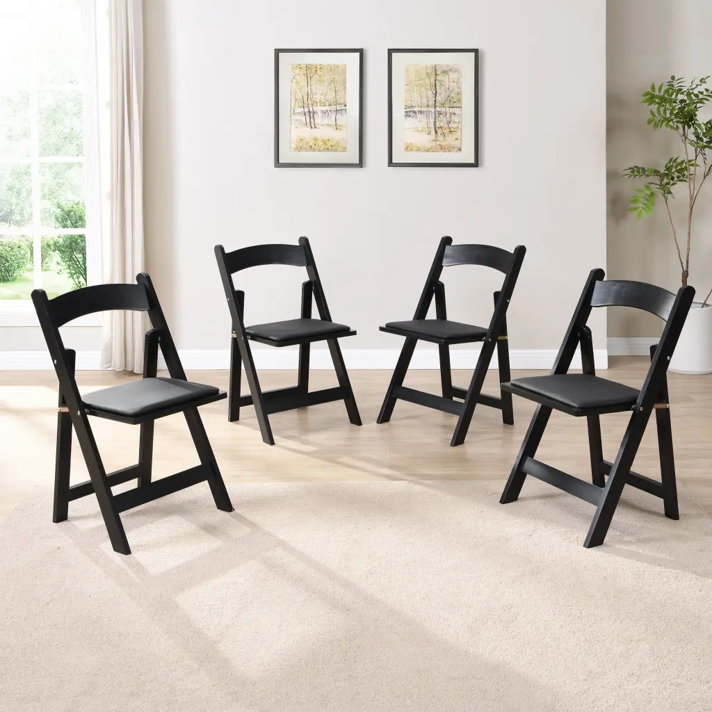 Upholstered Folding Chair Space Saving Easy To Carry 4Pcs Black Cushion leisure home -jy