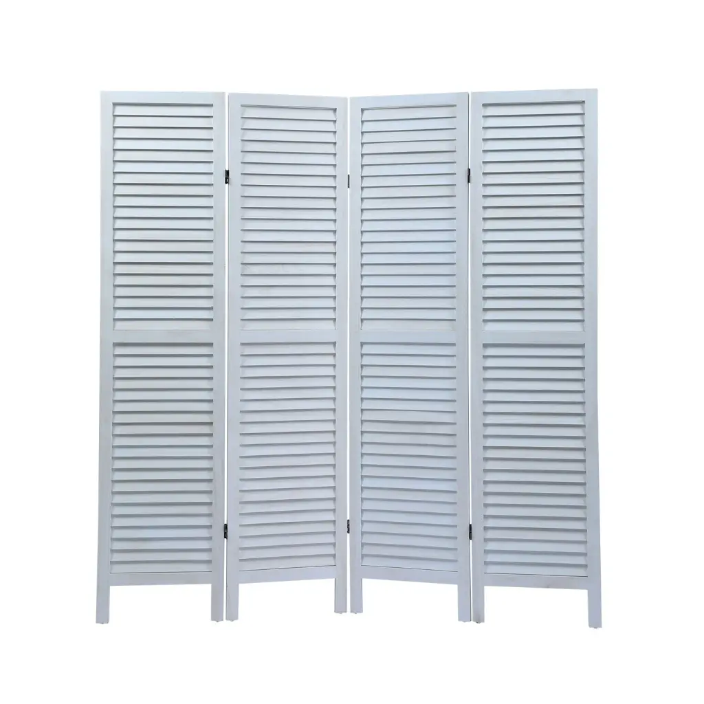 Sycamore Wood 4 Panel Screen Folding Louvered Room Divider Old White Finish w2181