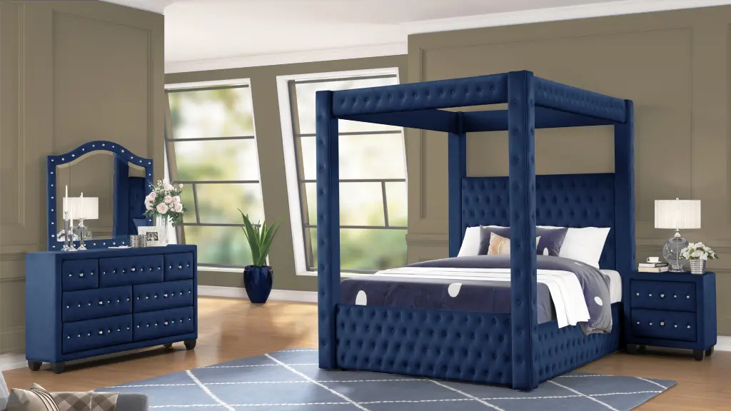 Monica Opulent Four Poster Full 4 Pc Bed Made Wood Navy Box galaxy home furnishings