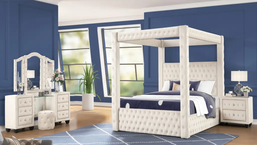 Opulent Four Poster King 4 Pc Vanity Bedroom Set Cream Wood galaxy home furnishings