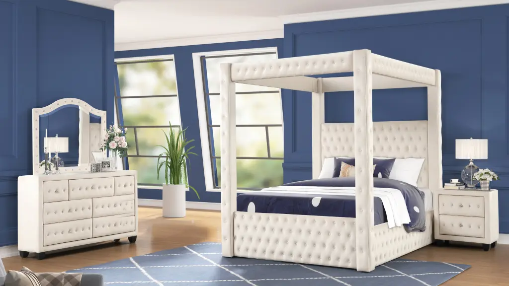 Opulent Four Poster Queen 4 Pc Bedroom Set Cream Wood Box Spring galaxy home furnishings