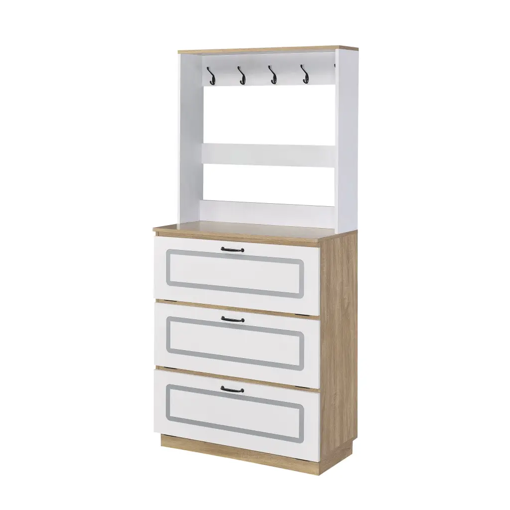 Light Oak And White Shoe Cabinet Drop Down Drawer Freestanding 3 Tier furniture max