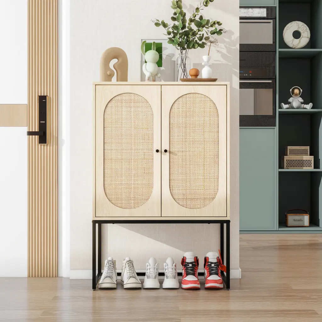 Allen 2 Door High Cabinet, Rattan, Constructed Adjustable Shelf, Easy Assembly milestone homelife