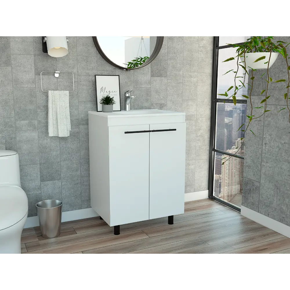 Khari 24 Inch White Floor Cabinet Double Doors And Two Shelves tuhome