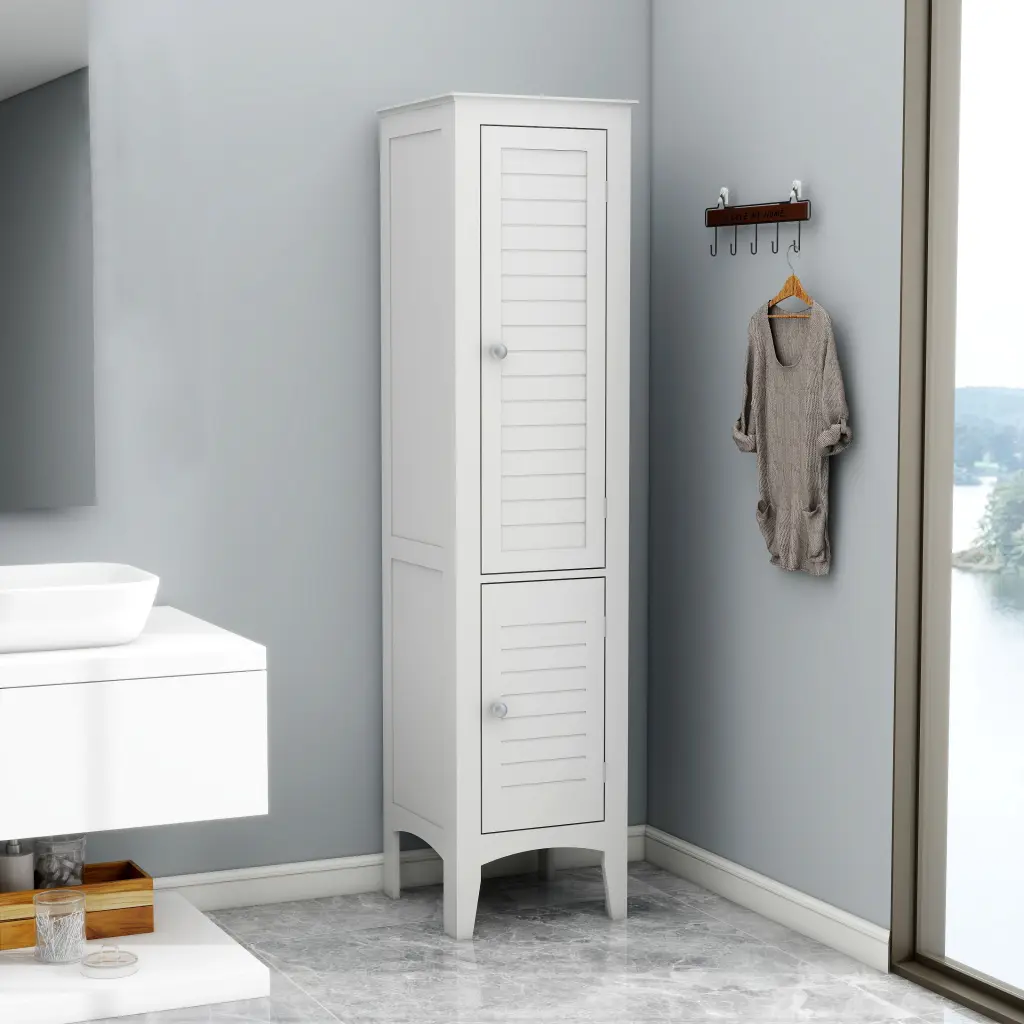 Tall Narrow Tower Freestanding Cabinet 2 Shutter Doors 5 Tier Shelf w1412 rocci houseware