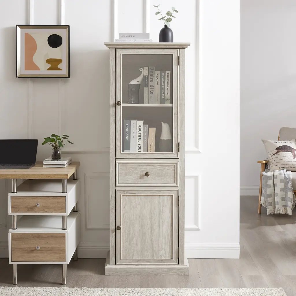 Tall Storage Cabinet Freestanding Crystal Door and Shelves wande furniture