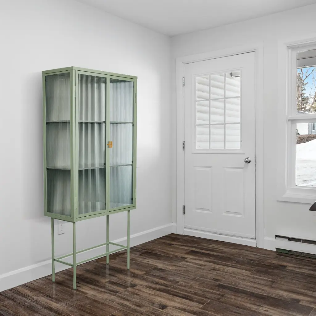 Mint Green Tall Freestanding Presentation Cupboard - Chic Fluted Glass Storage golden walnut