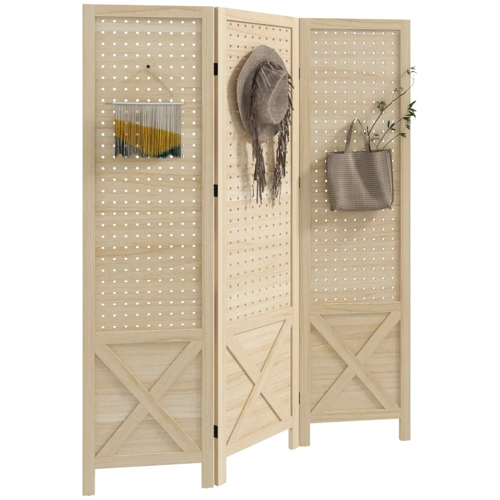 Homcom 3 Panel Pegboard Display Room Divider, 4.7 Foot Tall Timber Indoor Partition aosom business