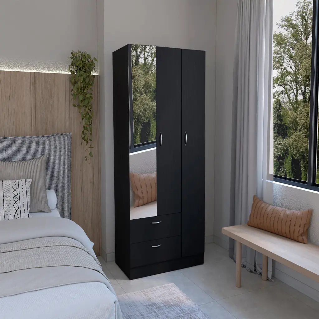 Wardrobe 3 Doors One Mirror Two Drawers Four Shelves And Hanging Rod rta mubles colombia