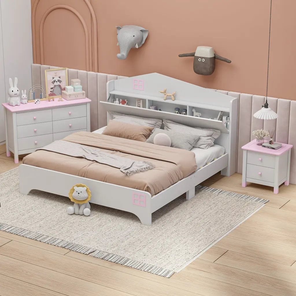 3-Piece Bedroom Set Full Size Houtilize Bed Storage Headboard and Wood Frame homey life