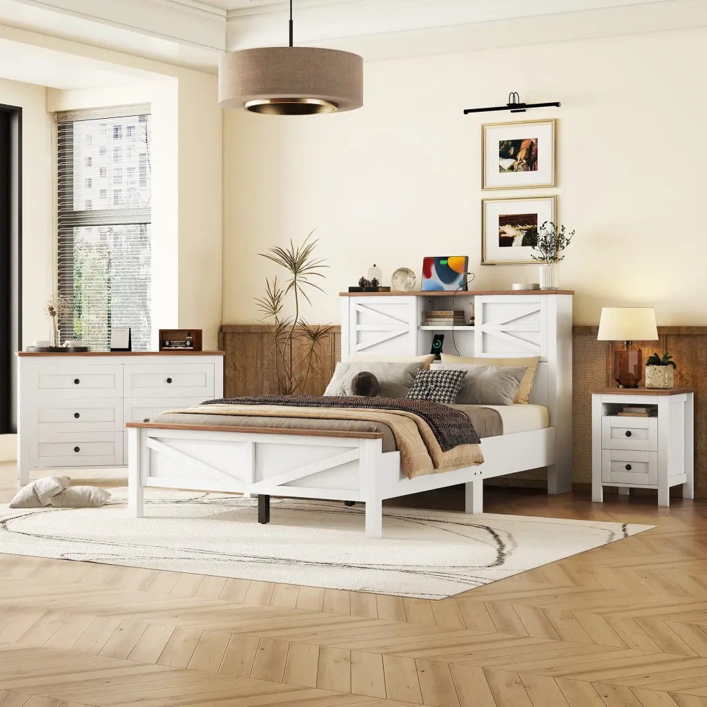 3 Piece Farmhouse Full Bedroom Set Platform Bed and Double Sliding Storage homey life