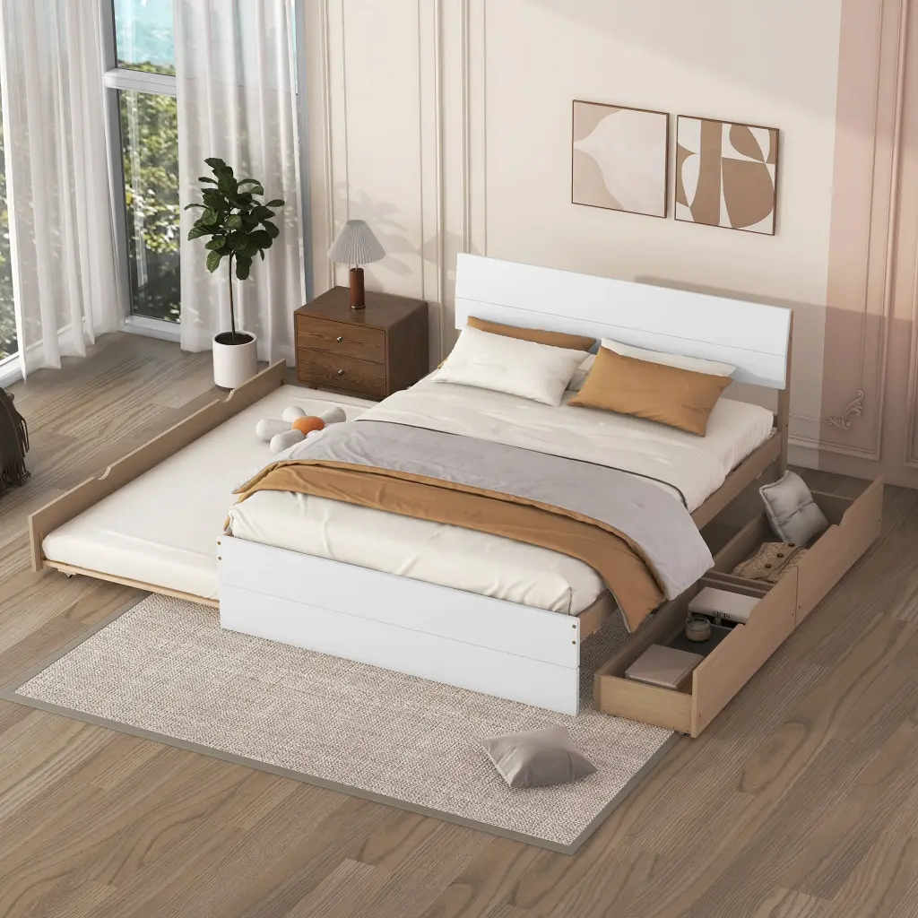 Modern Full Bed Frame Twin Size Trundle And 2 Drawers White Home fangxing