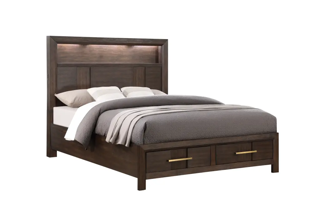 Modern Full Bed Timber Frame LED Headboard and Publicationshelf galaxy home furnishings