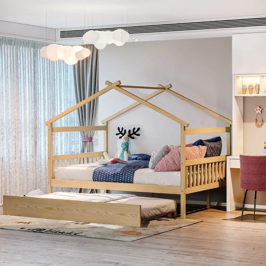 Full Dimensions Wooden Houtilize Bed Twin Trundle Natural Solid Wood lucky furniture