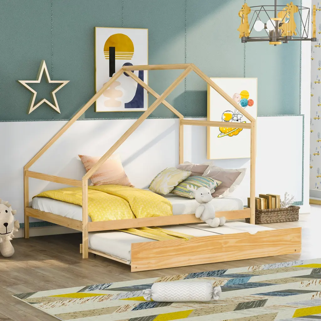 Full Size Wooden Houtilize Bed Twin Trundle Natural Solid Wood Frame lucky furniture