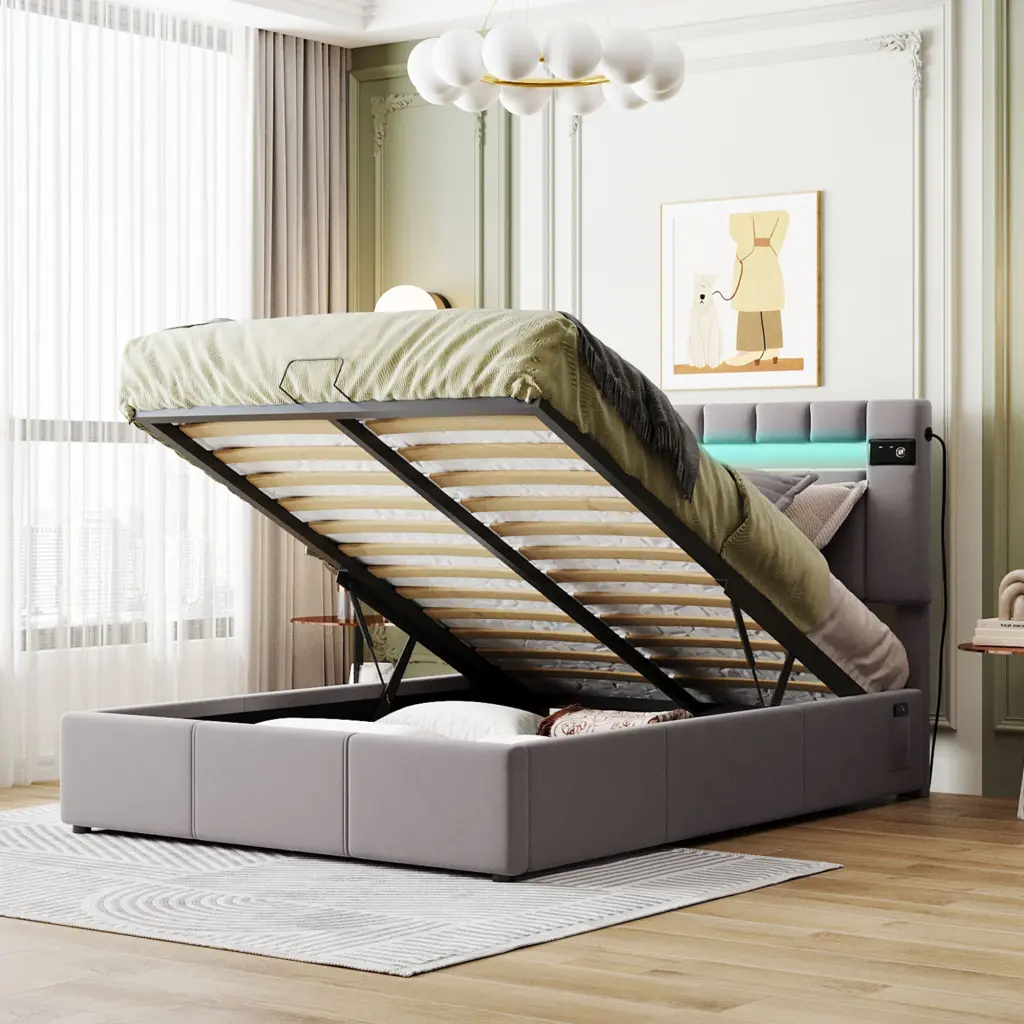 Upholstered Full Bed LED Light Bluetooth Player And USB Charging lucky furniture