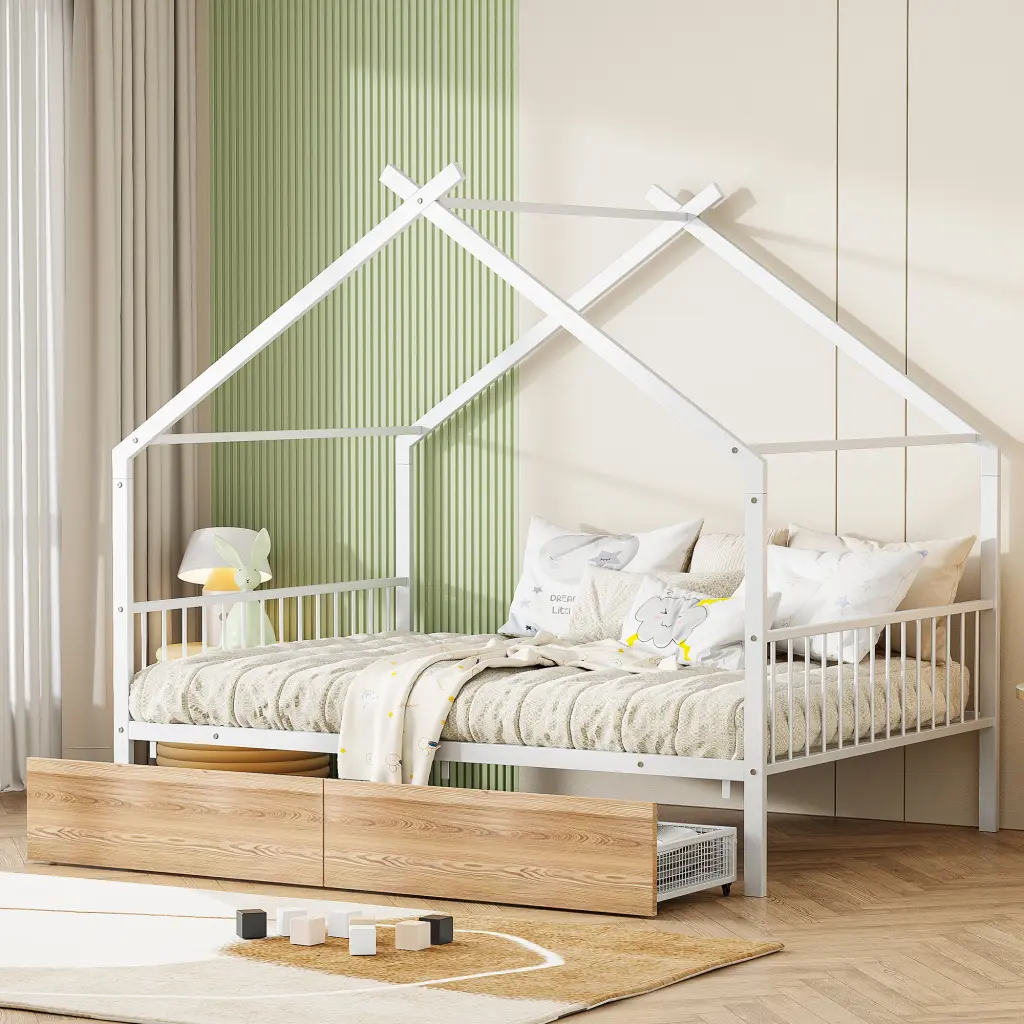 Full Dimensions Metal Houtilize Bed Two Drawers White Full Metal Bed Frame lucky world