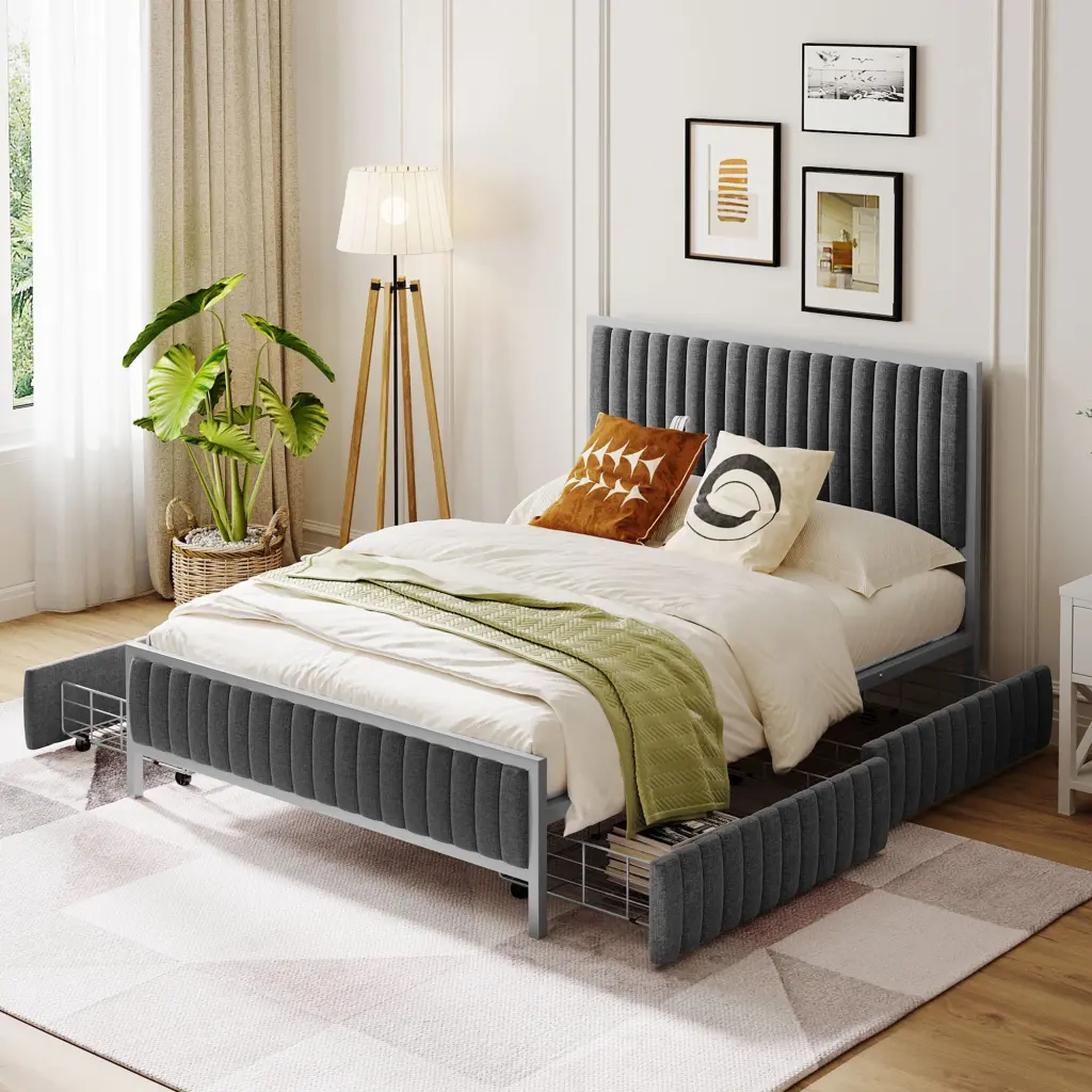 Full Metal Frame Upholstered Bed 4 Drawers Linen Gray lucky world