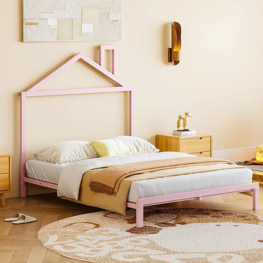 Full Metal Platform Bed House Influenced Headboard Design Pink lucky world