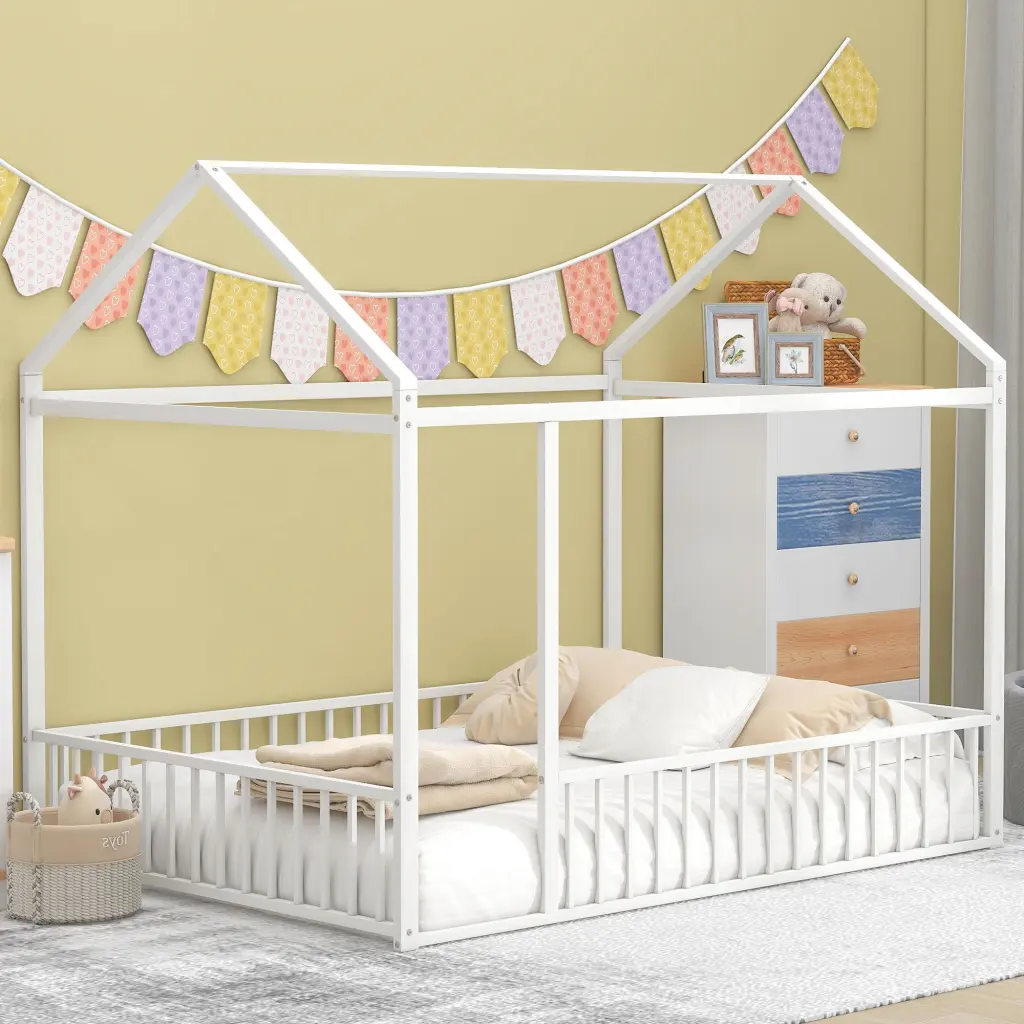Full Size Metal Bed Frame Fence Kids Teens And Girls lucky world