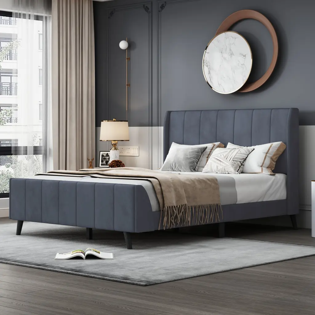 Full Upholstered Platform Bed Gray Velvet lucky world