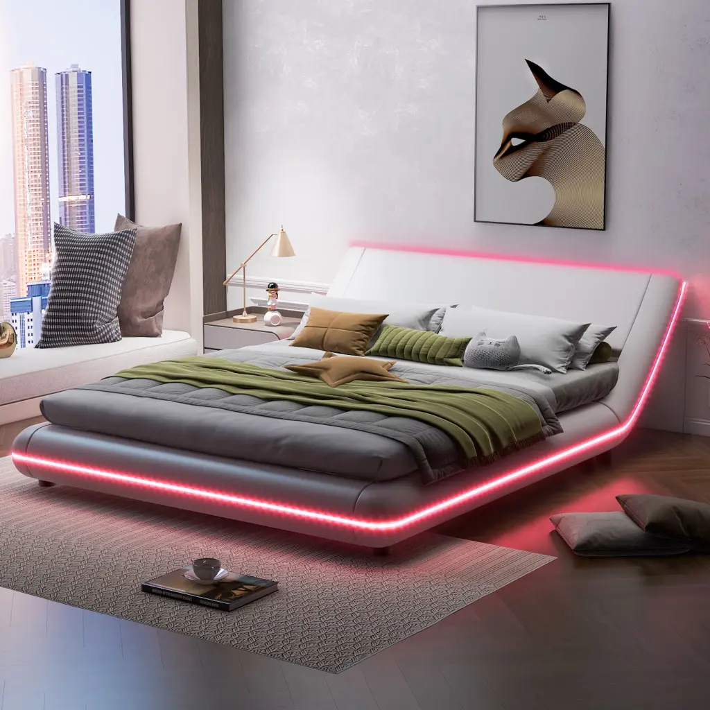 Full Dimensions Upholstery Platform Bed Frame Sloped Headboard White Modern Bed wm dreamland