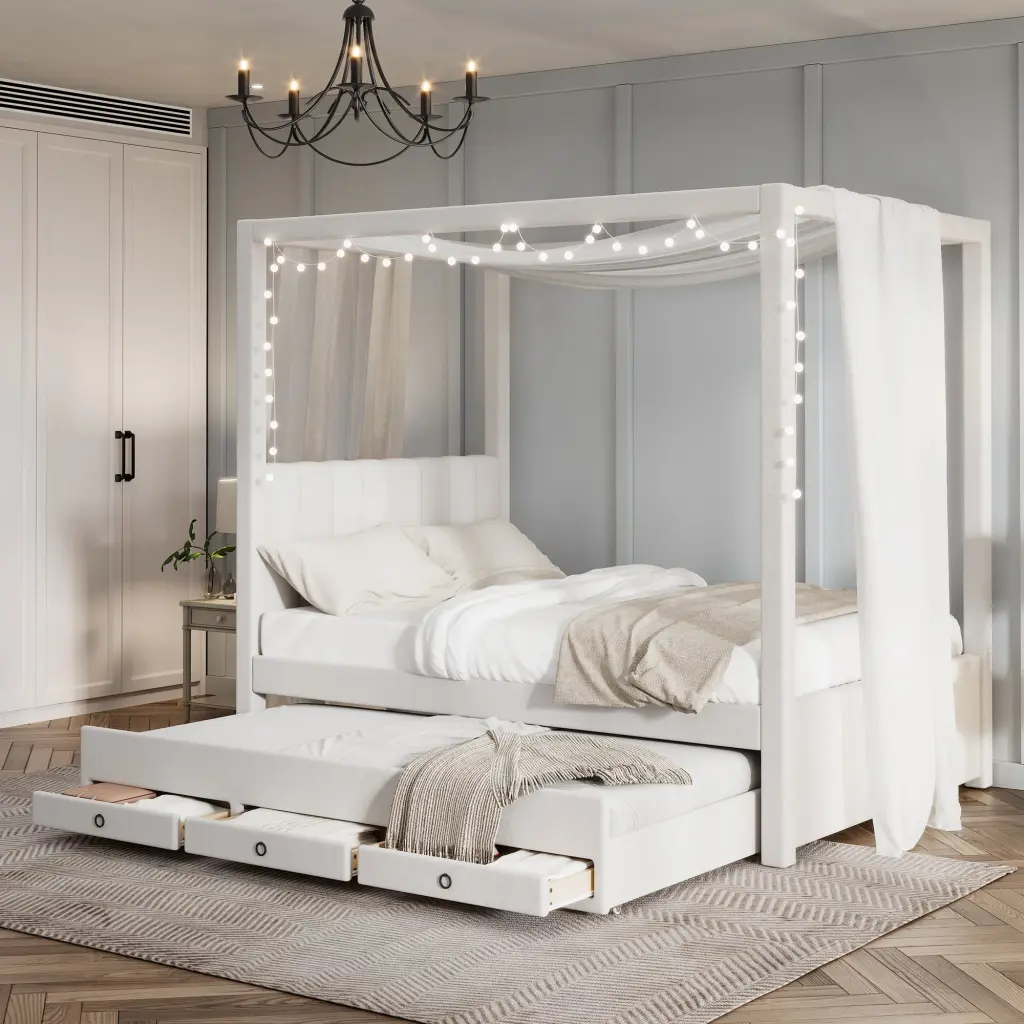Full Size Upholstered Canopy Platform Bed Trundle and Three Storage Drawers wm dreamland