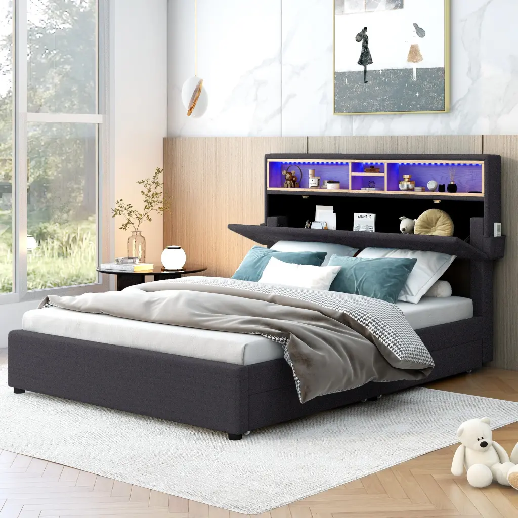 Full Dimensions Upholstered Platform Bed Storage Headboard LED USB Charging Modern Bed wm store