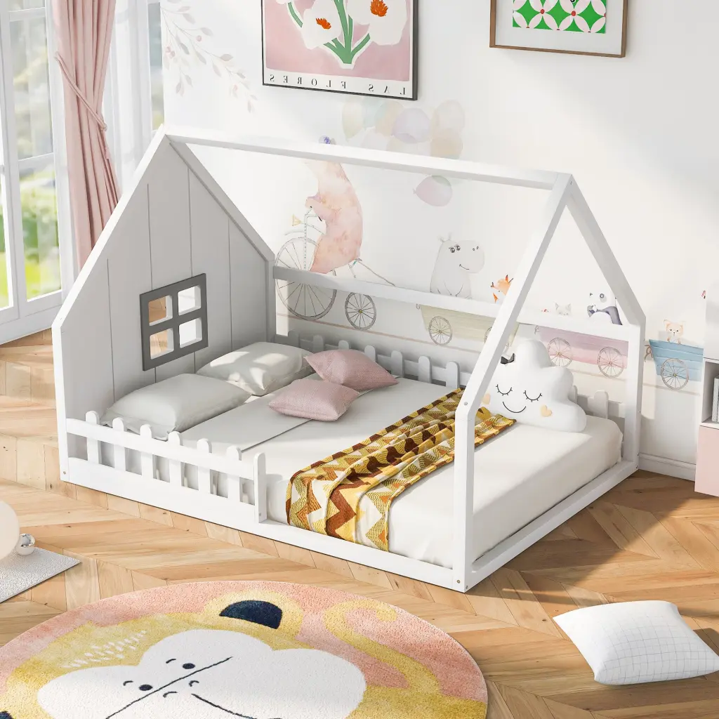 Full Dimensions Wood Utilize Bed Window and Fence, White Box Spring Not Required wm store