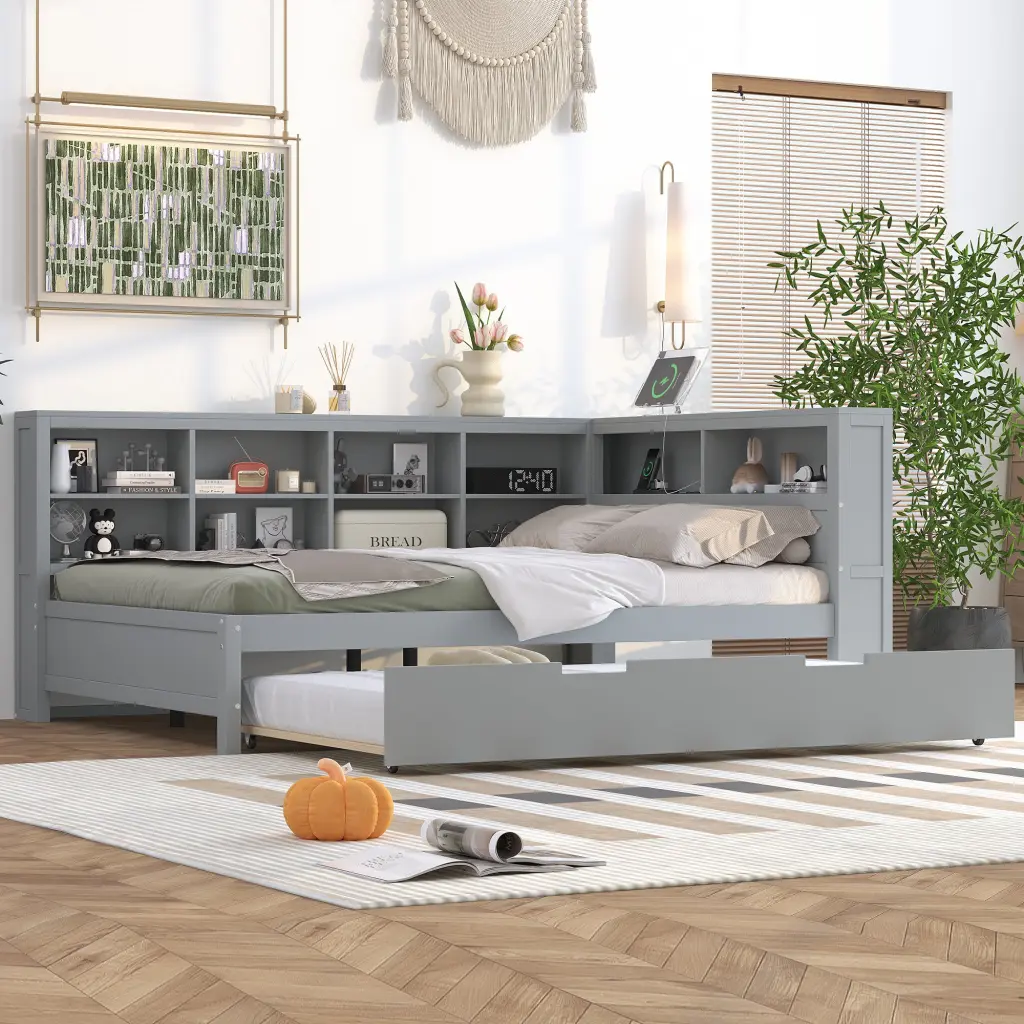 Wooden Full Dimensions Daybed Twin Dimensions Trundle and Storage Shelf homey life