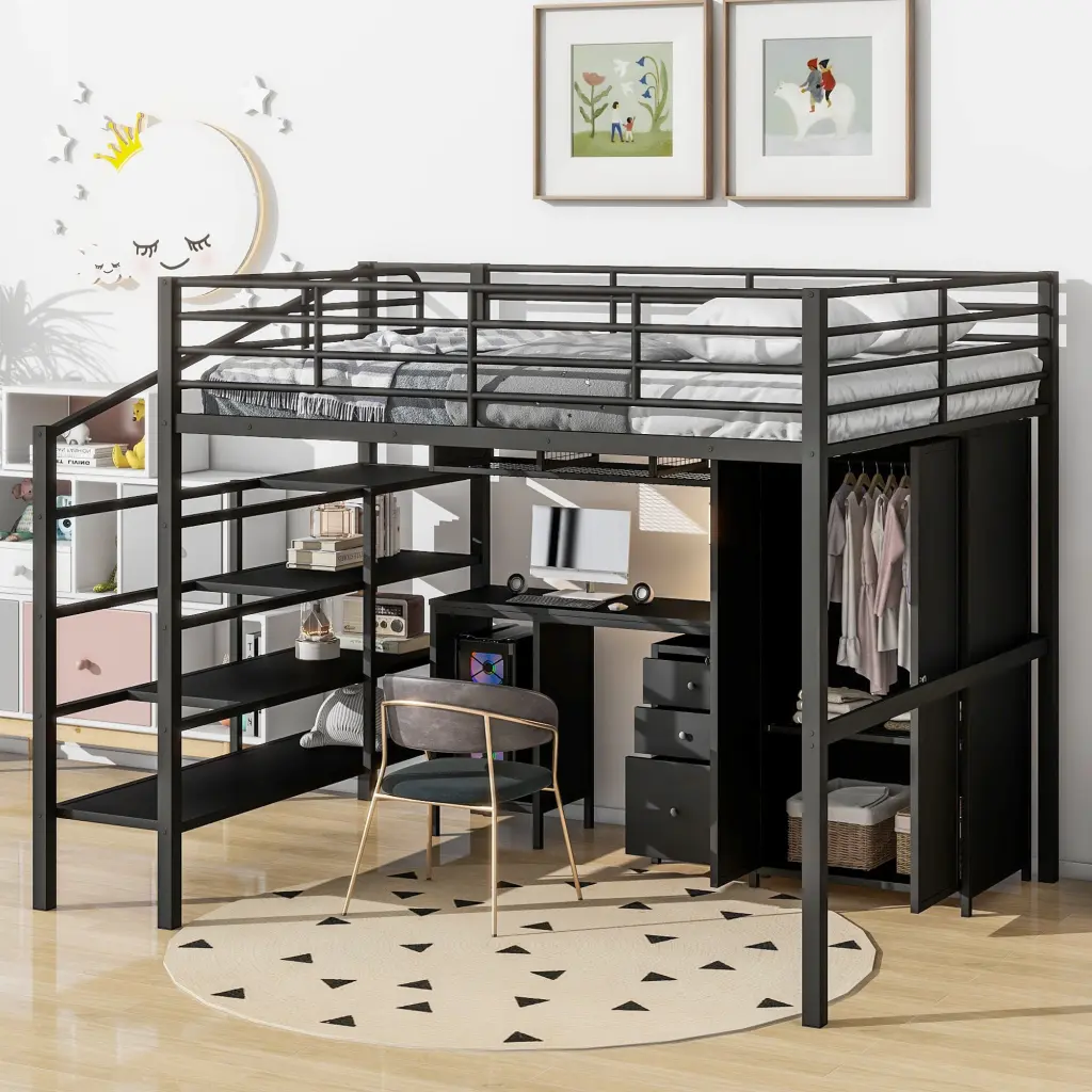 Metallic Loft Bed Table Set and Wardrobe Full Size Black wm dreamland