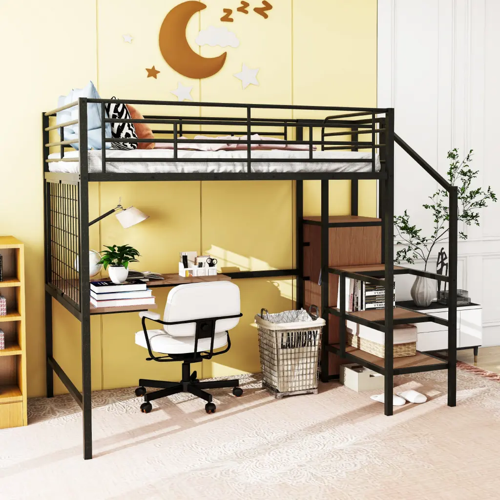 Full Dimensions Metal Loft Bed Desk and Metal Grid Chic Frame lucky world