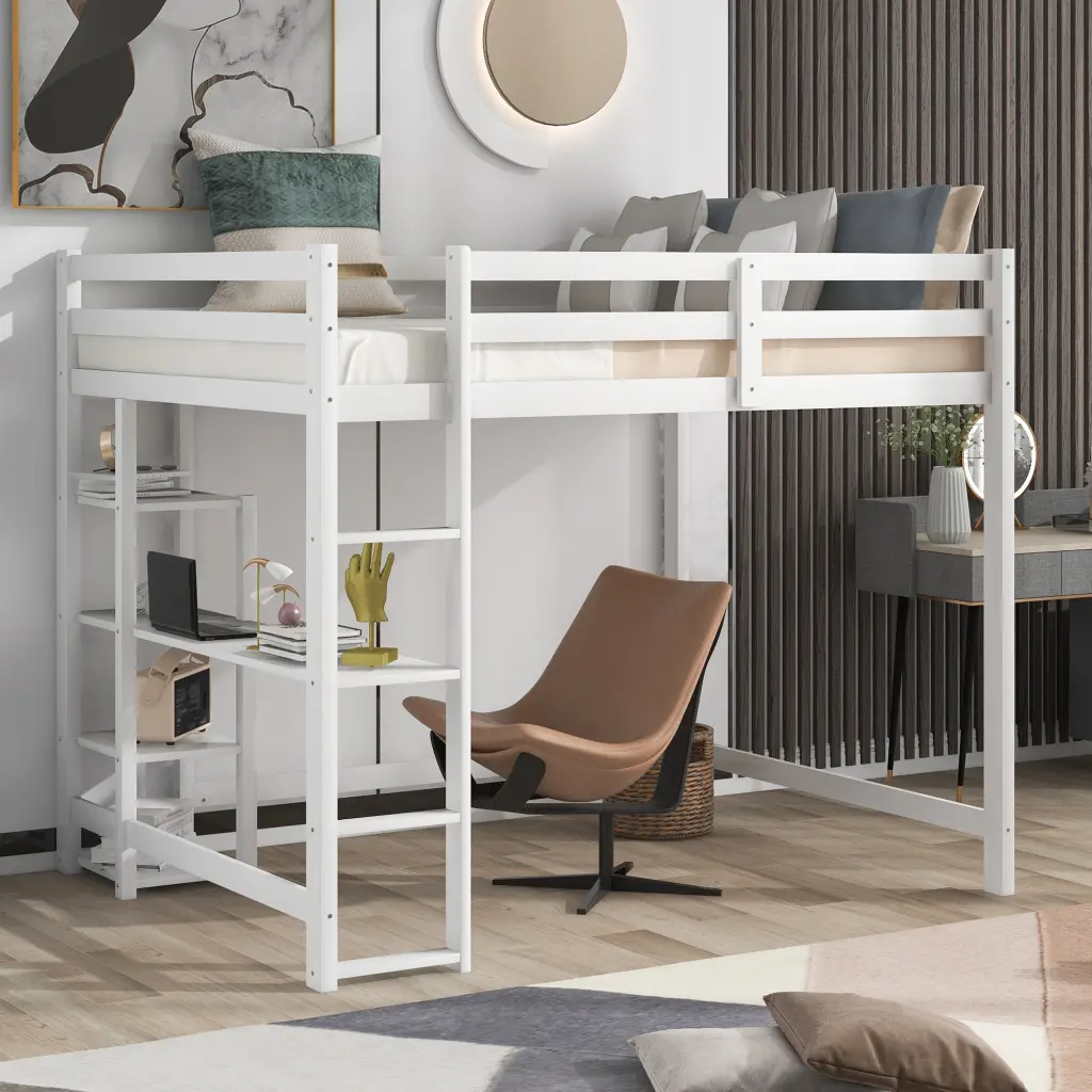 Full Dimensions Loft Bed Built- Desk and Shelves White Solid Wood wm store