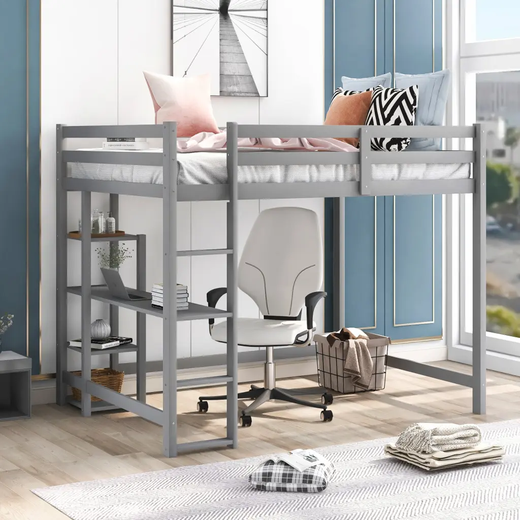 Full Dimensions Loft Bed Constructed Desk And Shelves Gray Solid Wood wm store