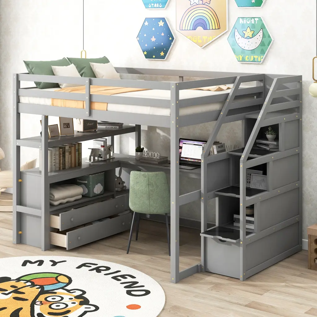 Full Dimensions Loft Bed Desk And Shelves Two Built Drawers wm store